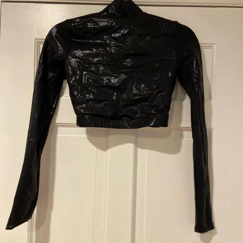 Balera Premium Metallic Long Sleeve Crop Top Black Mock Neck Open Back